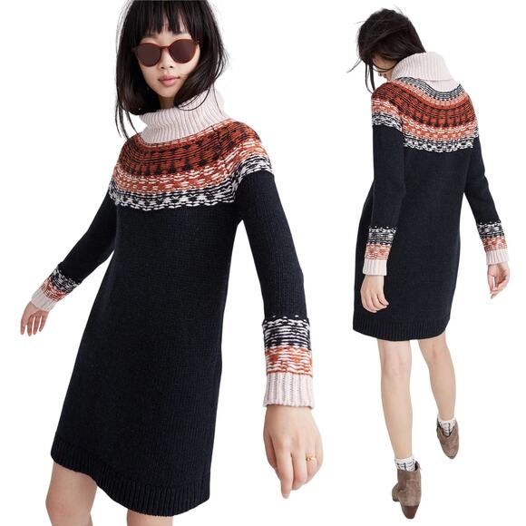 Madewell Turtleneck Sweater Dress Cotton Alpaca Fair Isle Pattern Mini Black XS - Picture 2 of 9
